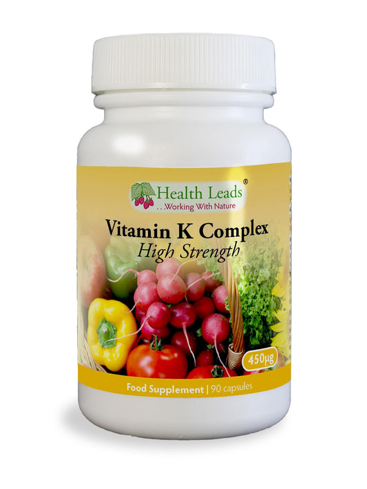 Health Leads ...Working With Nature Vitamin K Complex High Strength Food Supplement 450µg x 90 Capsules, Magnesium Stearate Free, Vitamin K contributes to the Maintenance of Normal Bones & Normal Blood clotting, Made in Wales