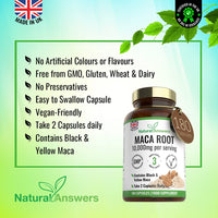 Natural Answers 180 Maca Root Capsules - (3 Months Supply) Vegan 10,000mg Maca Capsules - High Strength Peruvian Black & Yellow Maca Root - Made in The UK