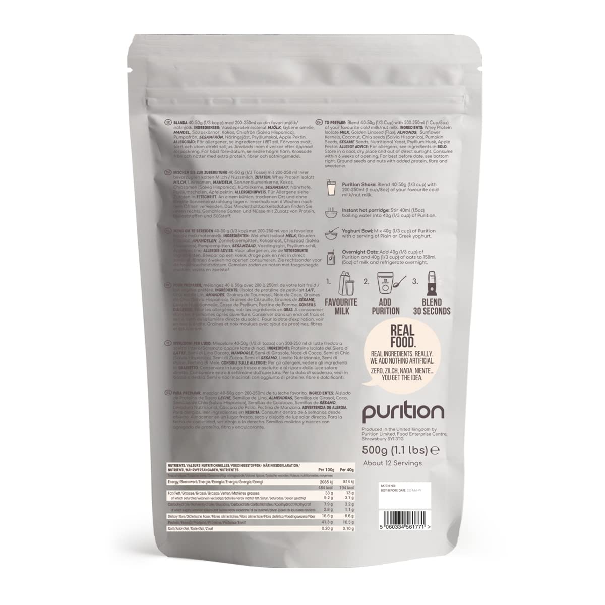 Purition Unflavoured – High Protein Wholefood Shake | 500g Natural Meal Replacement with Whey Protein | Unsweetened, No Flavouring | Keto Diet, Weight Loss & Healthy Breakfasts | 12 Servings