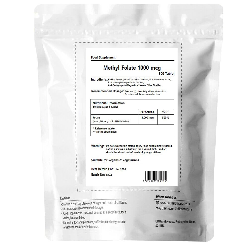UKHealthHouse Methyl Folate 1000mcg - Tablets as L-5-MTHF Supplement 5-methyltetrahydrofolate – Highly biologically Active Form of Folic Acid/Vitamin B9 - Vegan UK (500 tabs)