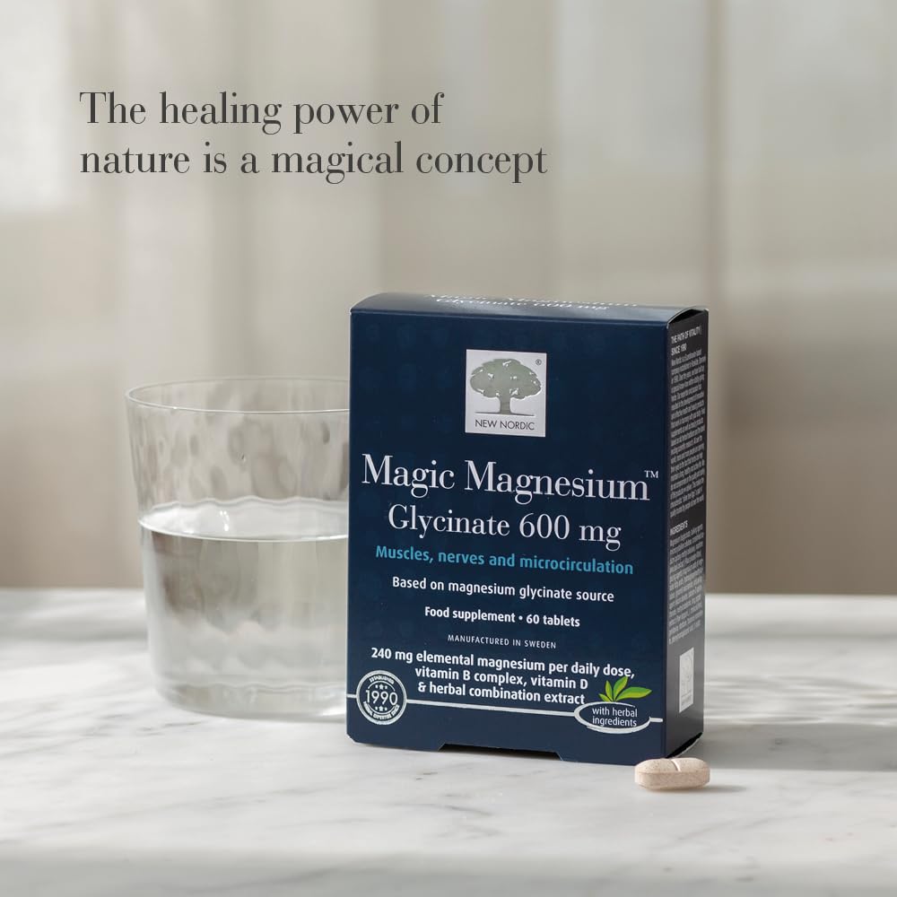 New Nordic Magnesium Glycinate | 600 mg Extra Strength | Sleep and Muscle Support for Women and Men | Pine Bark and Long Pepper Extract | 60 Tablets