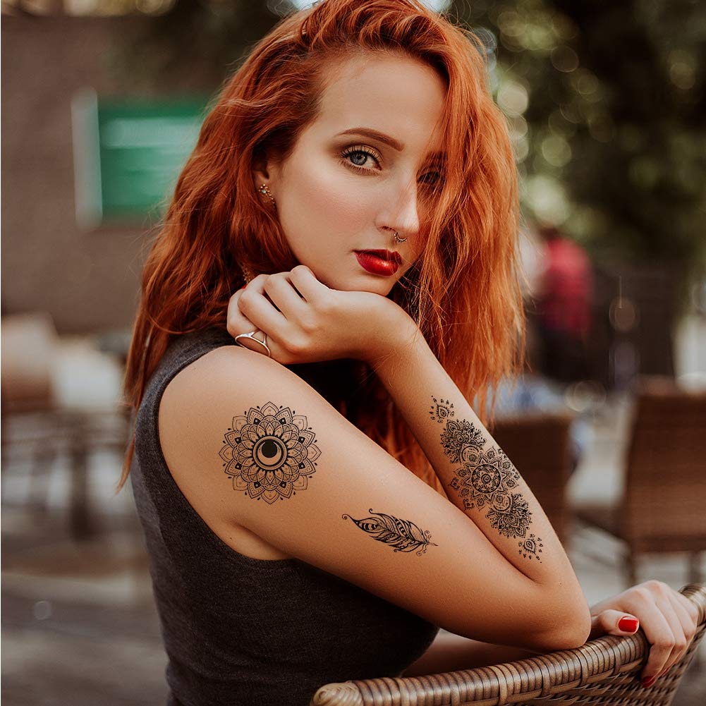 rainday 8 Sheets Black Temporary Tattoo Stickers Art Stickes For Adults Women Girls Lace Feather Mandala Flower Lion Large Big Arm Tattoo Stickers Body Sticker