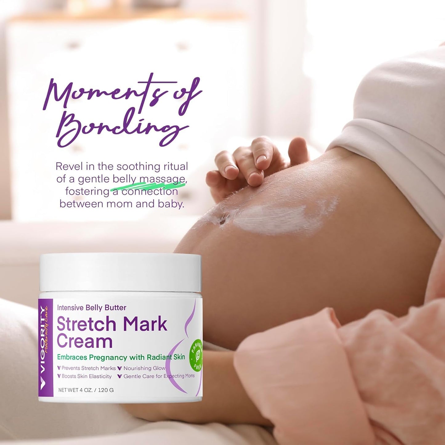 Vigority Stretch Mark Cream for Pregnant Women: Belly Butter for Expecting Moms - Moisturizing Lotion for Skin Elasticity - Maternity Skin Care Cream - 4 Oz