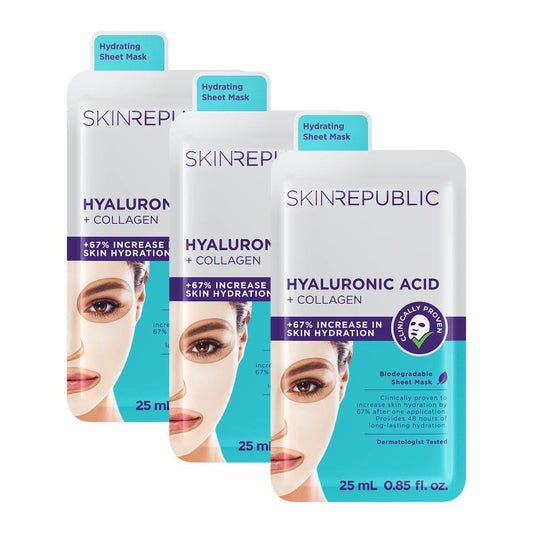Skin Republic Hyaluronic Acid + Collagen Sheet Mask Clinically Proven to Provide 48-Hours of Long-Lasting Hydration. Made in Korea. (Pack of 3)