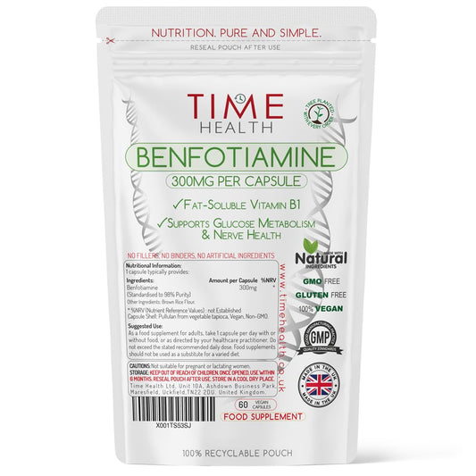 Time Health New: Benfotiamine - 300mg - Fat Soluble Vitamin B1 (Thiamine) - >98% Purity - UK Made Supplement - GMP Standards - Zero Additives