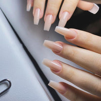 SXVME Light Nude False Nails Long Square, Acrylic Press on Nails Long Medium Coffin, Glossy Gel Fake Nails Press on, Natural Solid Color Square Tip Nails Stick on Nails For Women Daily Wear, 24 Pcs
