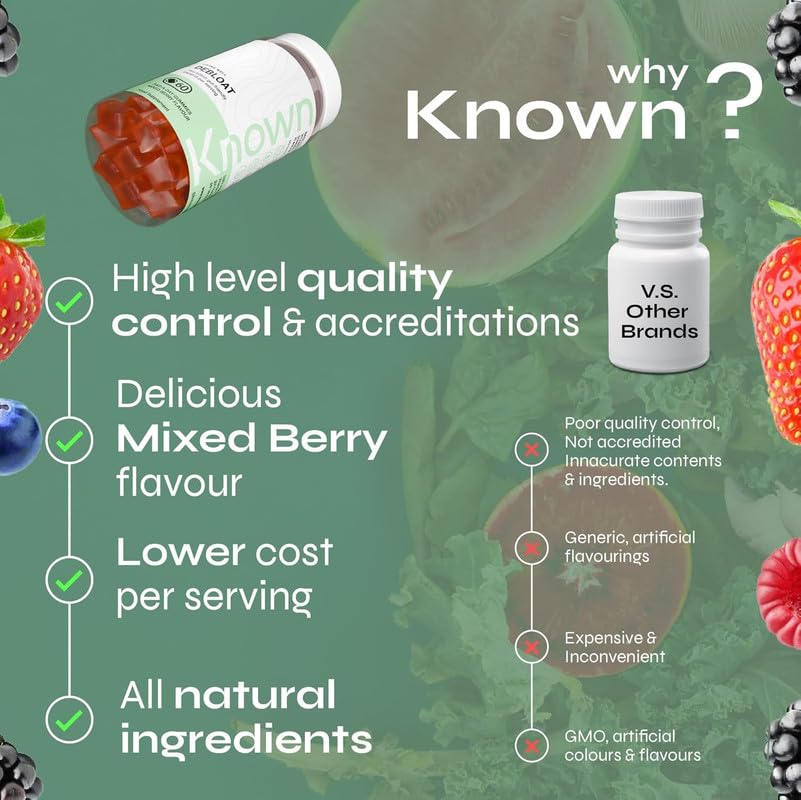 Known Delicious Debloat Gut Support Gummies - 2 Billion CFU Bacillus Coagulans & Vitamin C - Natural Mixed Berry Flavour - 60 Gummies, 1 Month Supply