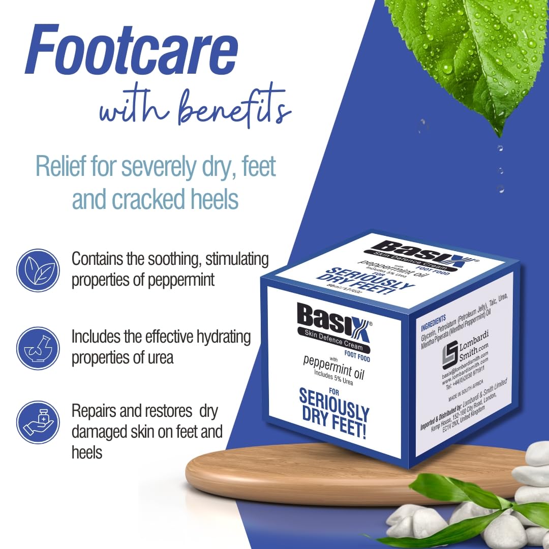 Basix Skin Defence Cream Foot Food [TWIN PACK 2x50ml] Foot Repair Restoration Balm for Dry Feet and Cracked Heels - 5% Urea Peppermint Oil Soothes, Moisturises, Stimulates and Invigorates Tired Feet