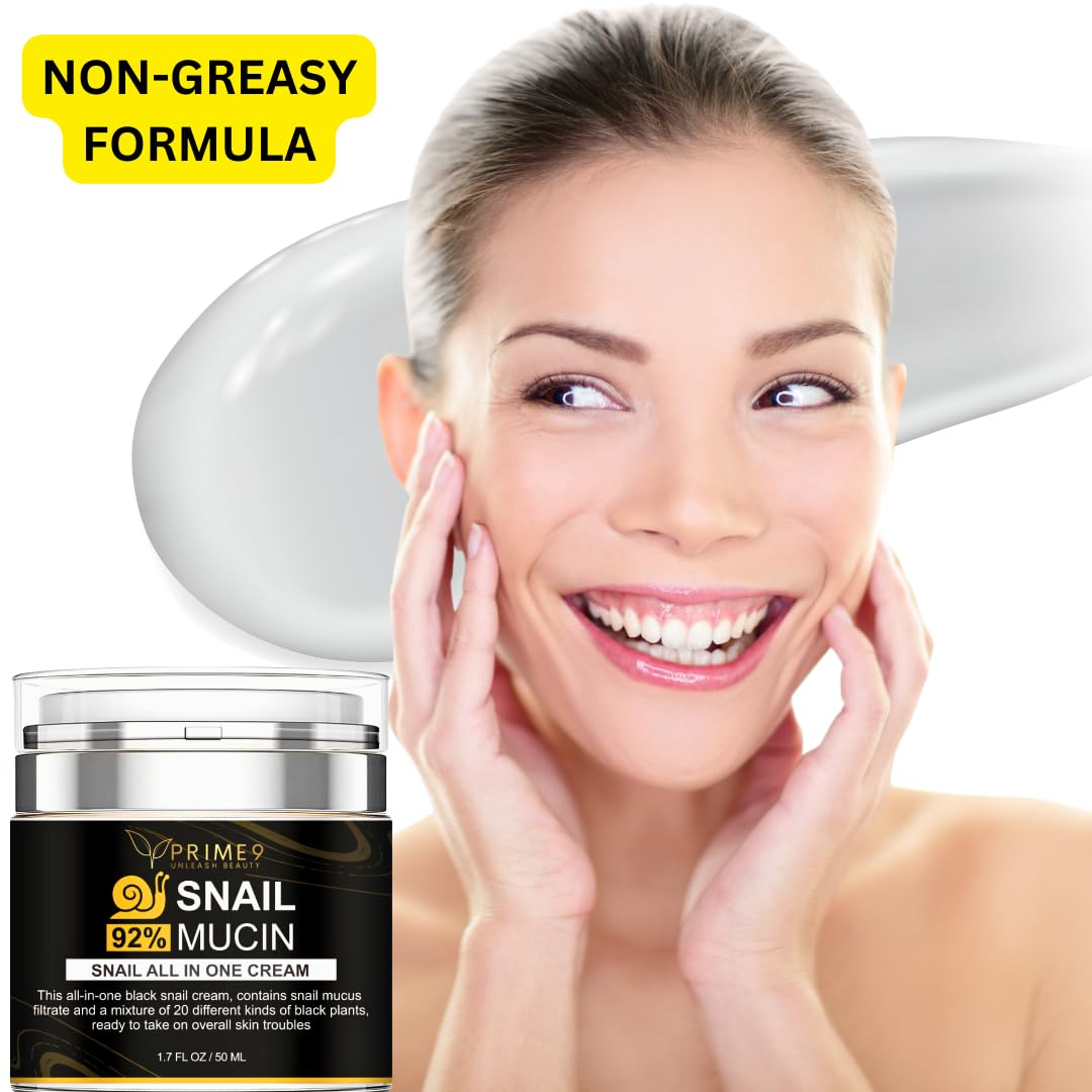 PRIME9 Prime9 Snail Mucin Cream 92% – Korean All-in-One Moisturiser for Deep Hydration, Smooth Skin, Anti-Aging & Blemish Care, Face Cream for Sensitive Skin
