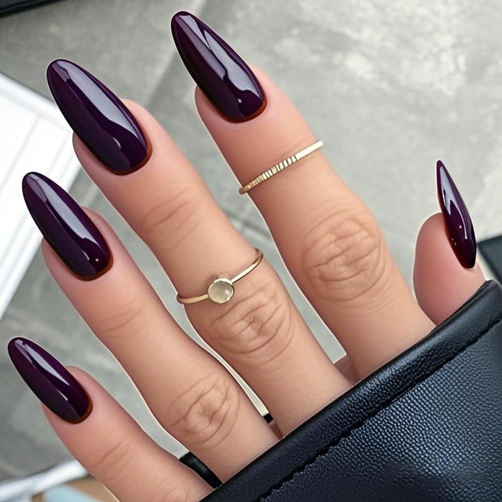 GLAMERMAID Press on Nails Almond Medium 24 PCS, Handmade Jelly Soft Gel Deep Red Glue on Nails Stiletto, Burgundy Gothic Fake Nails Set, Reusable Acrylic Stick on False Nails Manicure Kit for Women
