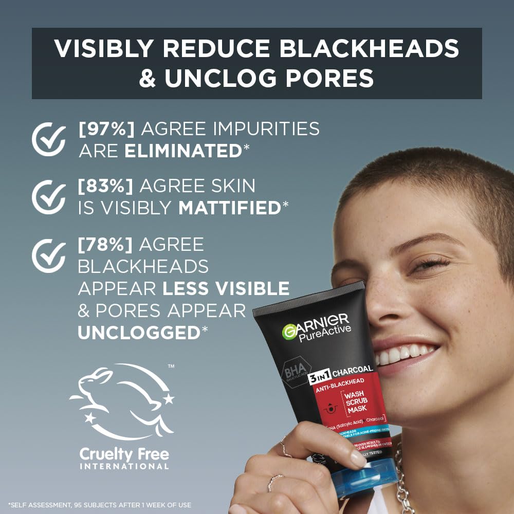 Garnier Pure Active 3in1 Charcoal Anti-Blackhead Mask Wash Scrub, for Oily Spot Prone Skin, Enriched with Salicylic Acid to Purify, Unclog Pores and Mattify 150ml