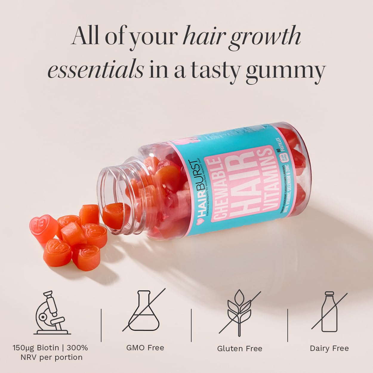 HAIR BURST Biotin Gummies for Hair Growth — Hair, Skin & Nails Vitamin Supplement, Reduces Breakage, Promotes Healthier Thicker- Daily Chewable Vitamins - 30 Day Supply