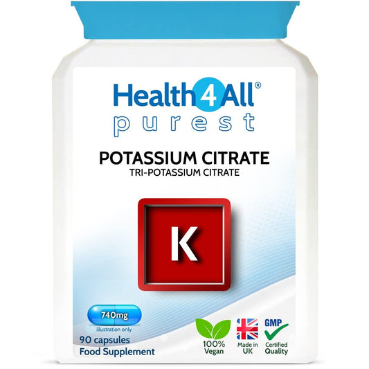 Health4All Potassium Citrate 740mg 90 Capsules (V) High Elemental Potassium. Purest: no additives. Vegan Potassium Supplement