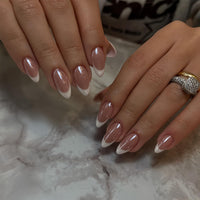 EONFAVE 30 Pcs Chrome Press on Nails - French Tip False Nails - 24pcs Medium Almond Press On - Fake With Glue - Acrylic Glossy Nude With White Tips Designs - Full Cover Glue On