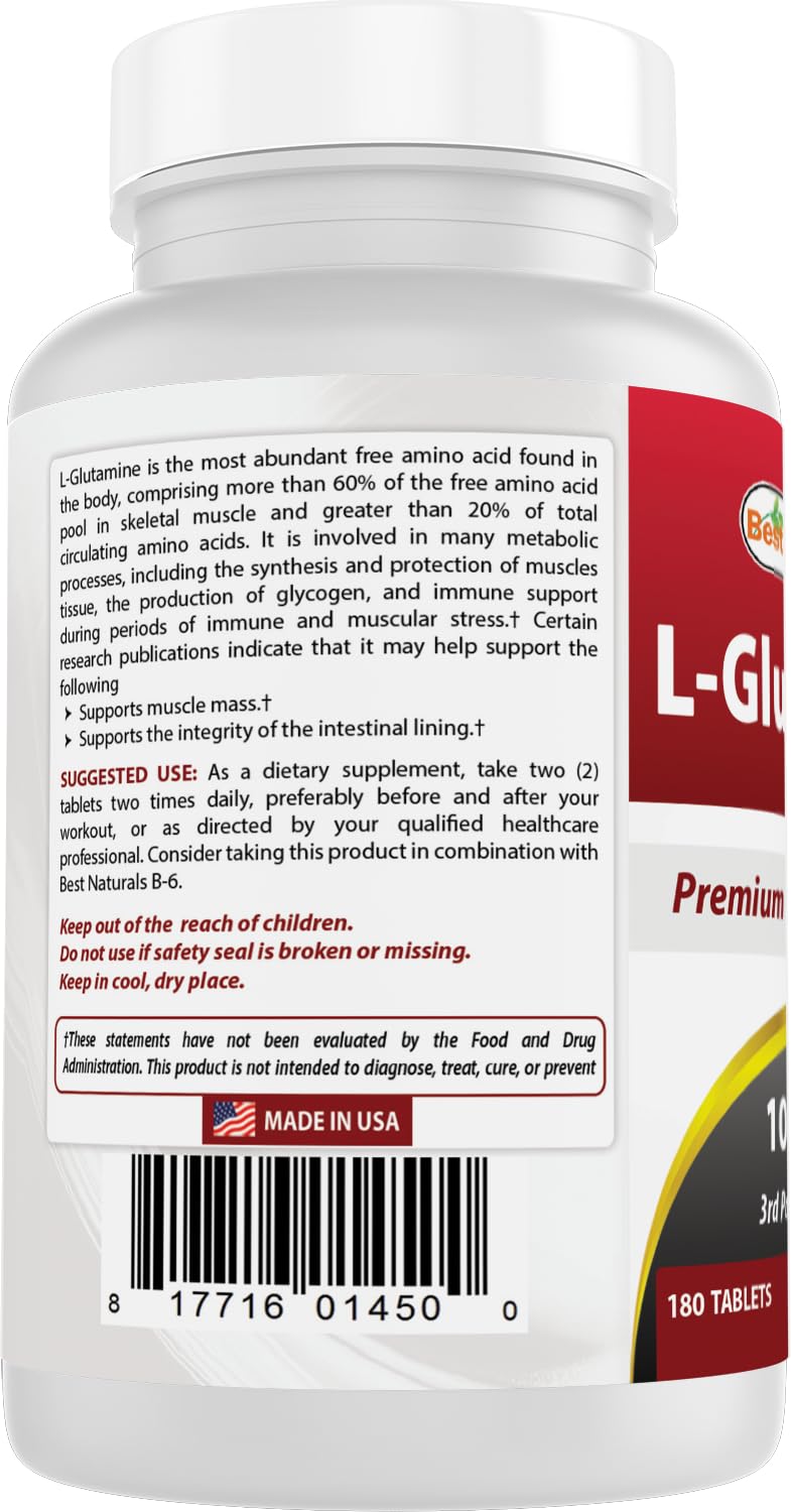 Best Naturals L-Glutamine 1000 mg 180 Tablets - Glutamine Fuel for Workout & Supports Muscle Recovery from Workouts (180 Count (Pack of 1))