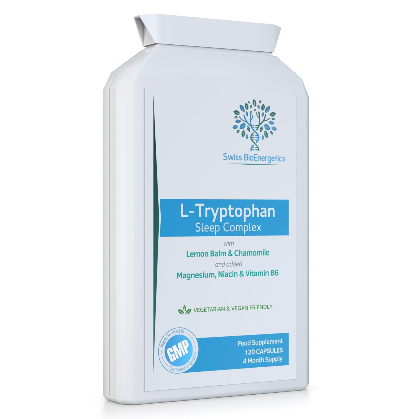 swiss bioenergetics L-Tryptophan 220mg - 120 Capsules/Sleep Complex with Added Lemon Balm, Chamomile, Magnesium, Niacin & Vitamin B6 - Natural Alternative to Melatonin / 4 Month Supply – Made in The UK