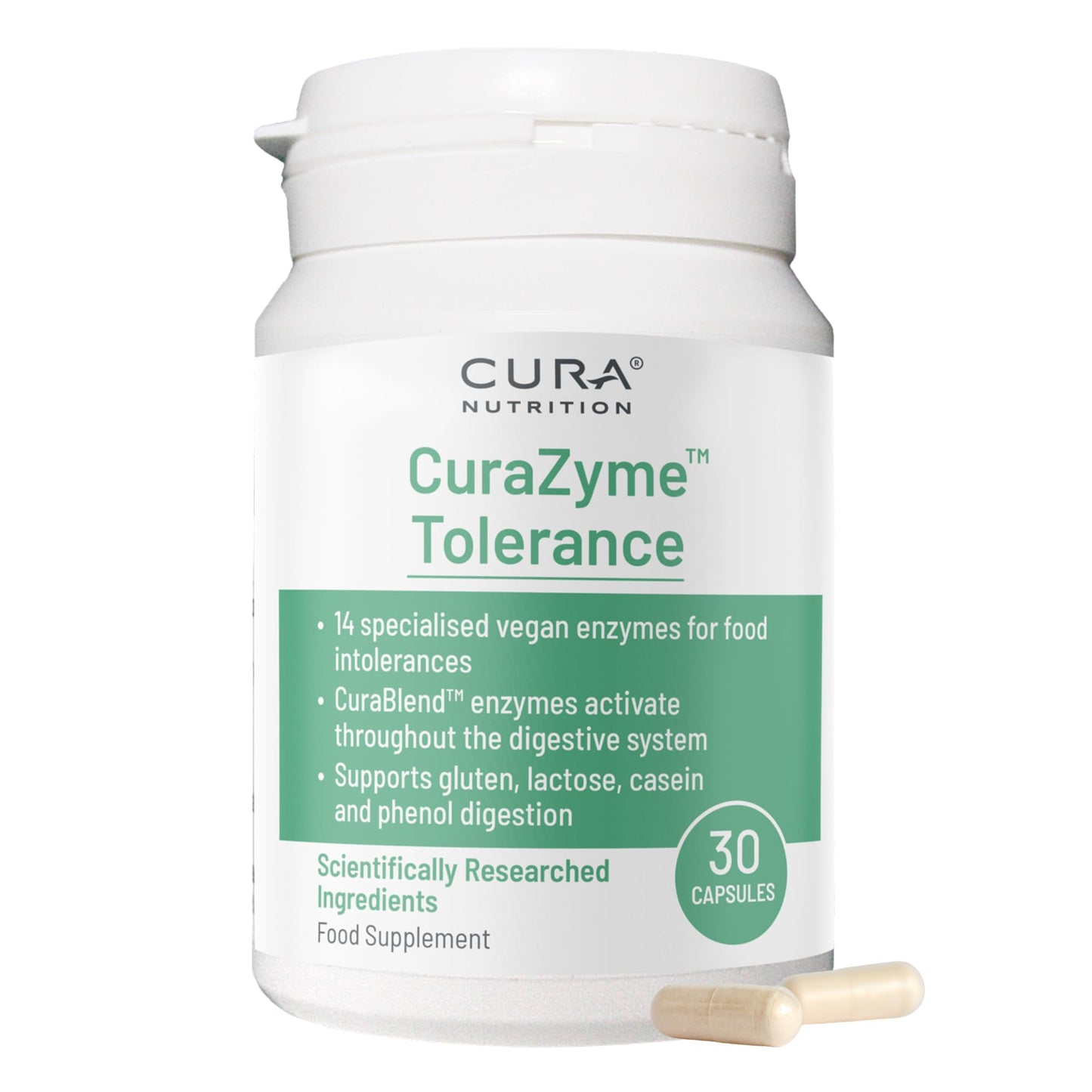 Cura Nutrition CURA NUTRITION CURAZYME Tolerance (30 Capsules) Food Intolerance Digestive Enzymes Supplement for Gut Health Support, Broad Spectrum Enzyme Complex for Bloating, Heartburn, Digestion Relief, Vegan
