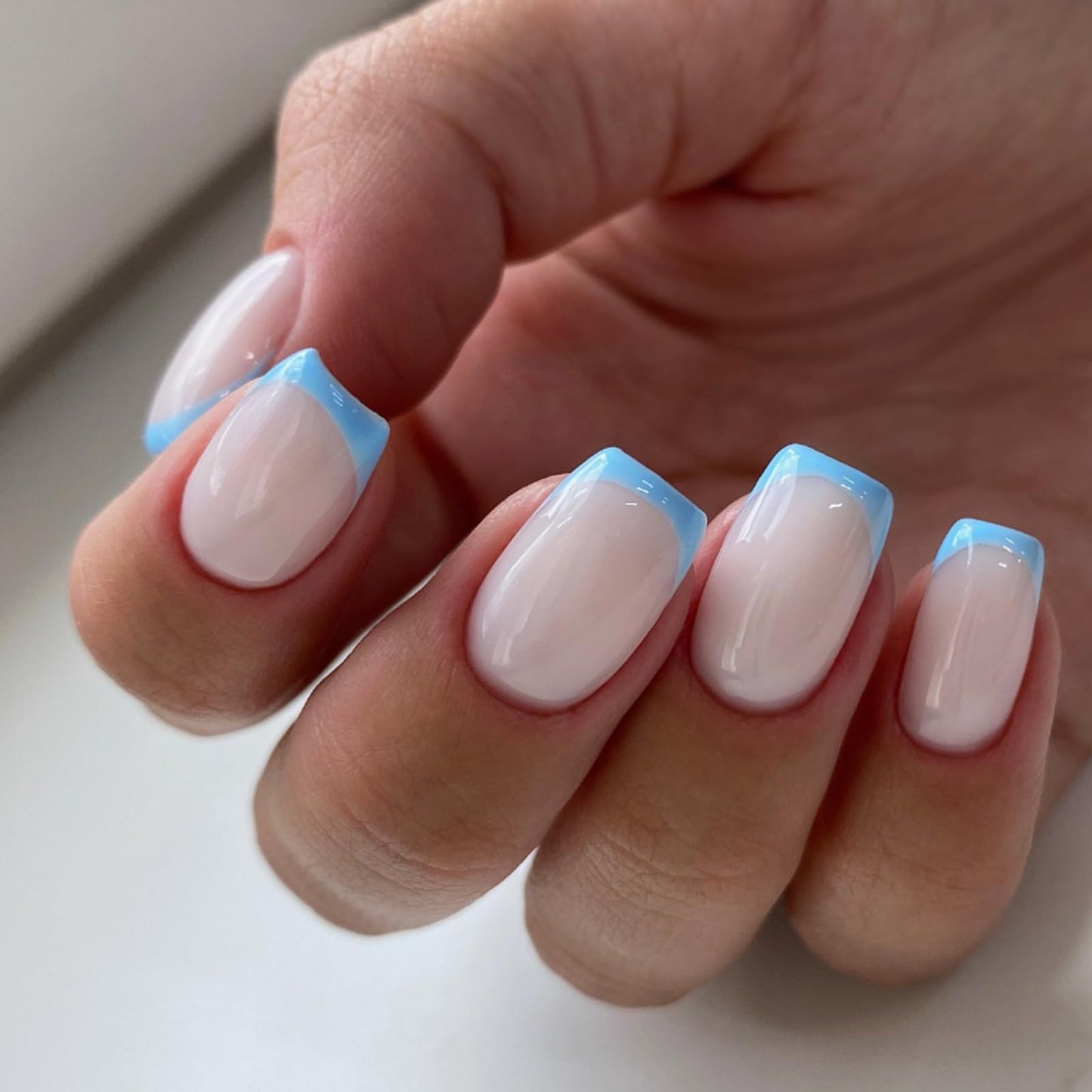NLFOX French False Nails - 24pcs Square Short Fake Nails - Baby Blue Elegant Press on Nails French Tip - Glossy Glue on nails - Full Cover,12 Sizes Reusable Acrylic Nail for Women Girls