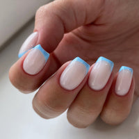 NLFOX French False Nails - 24pcs Square Short Fake Nails - Baby Blue Elegant Press on Nails French Tip - Glossy Glue on nails - Full Cover,12 Sizes Reusable Acrylic Nail for Women Girls