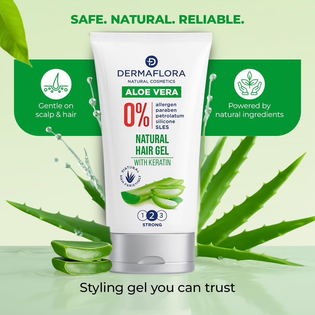 Dermaflora Natural Aloe Vera Gel for Hair with Keratin – 150ml | Lightweight Styling Gel for Men & Women | Flexible Hold, Moisturizing, Non-Flaky Formula, Paraben-Free & Allergen-Free