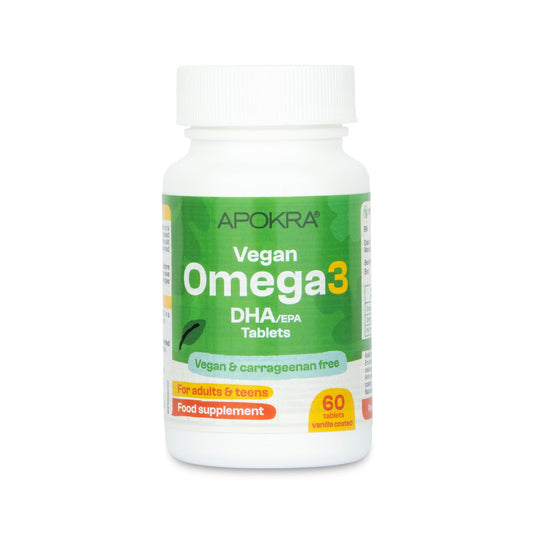 APOKRA Vegan Omega 3 DHA – for Adults & Teens – 60 Vanilla-Coated Algae Tablets with L-Lysine – Plant-Based Fish Oil Alternative – Carrageenan-Free, Sustainable