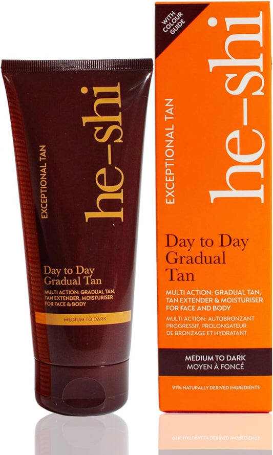 he-shi He-Shi Day to Day Darker Gradual Tan Moisturiser - Easy Application Self Tanning Lotion - Gradual Fake Tan with Vitamin E - Vegan & Cruelty Free - Suitable For Face & Body (200ml)