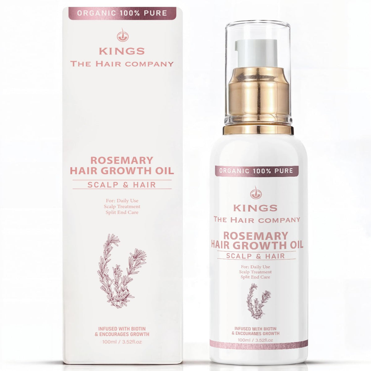 Kings The Hair Company Kings 100% Natural Rosemary Oil for Hair Growth with Biotin - Promotes Hair Growth & Prevents Hair Loss, Organic Rosemary Hair Oil to Treat Dry Damaged Hair for Men & Women | 100 ml
