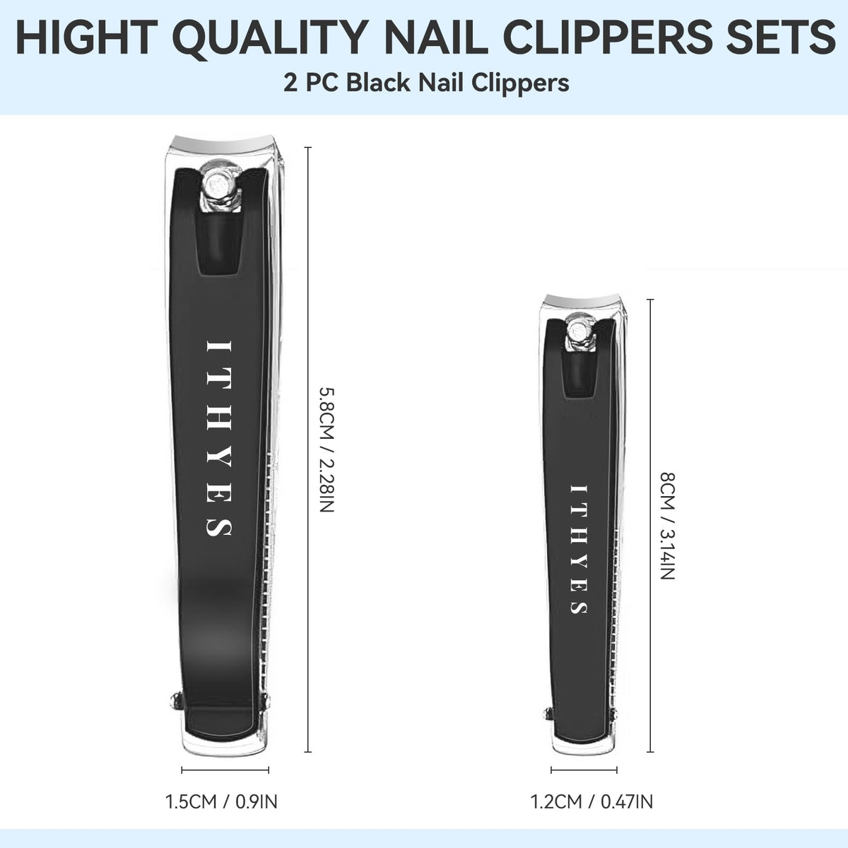 Ithyes Nail Clippers Nail Cutter Set Toenail Fingernail Clippers Kit for Thick Nails Stainless Steel Sharp Sturdy Trimmer for Men & Women, Set of 2 Black-siliver