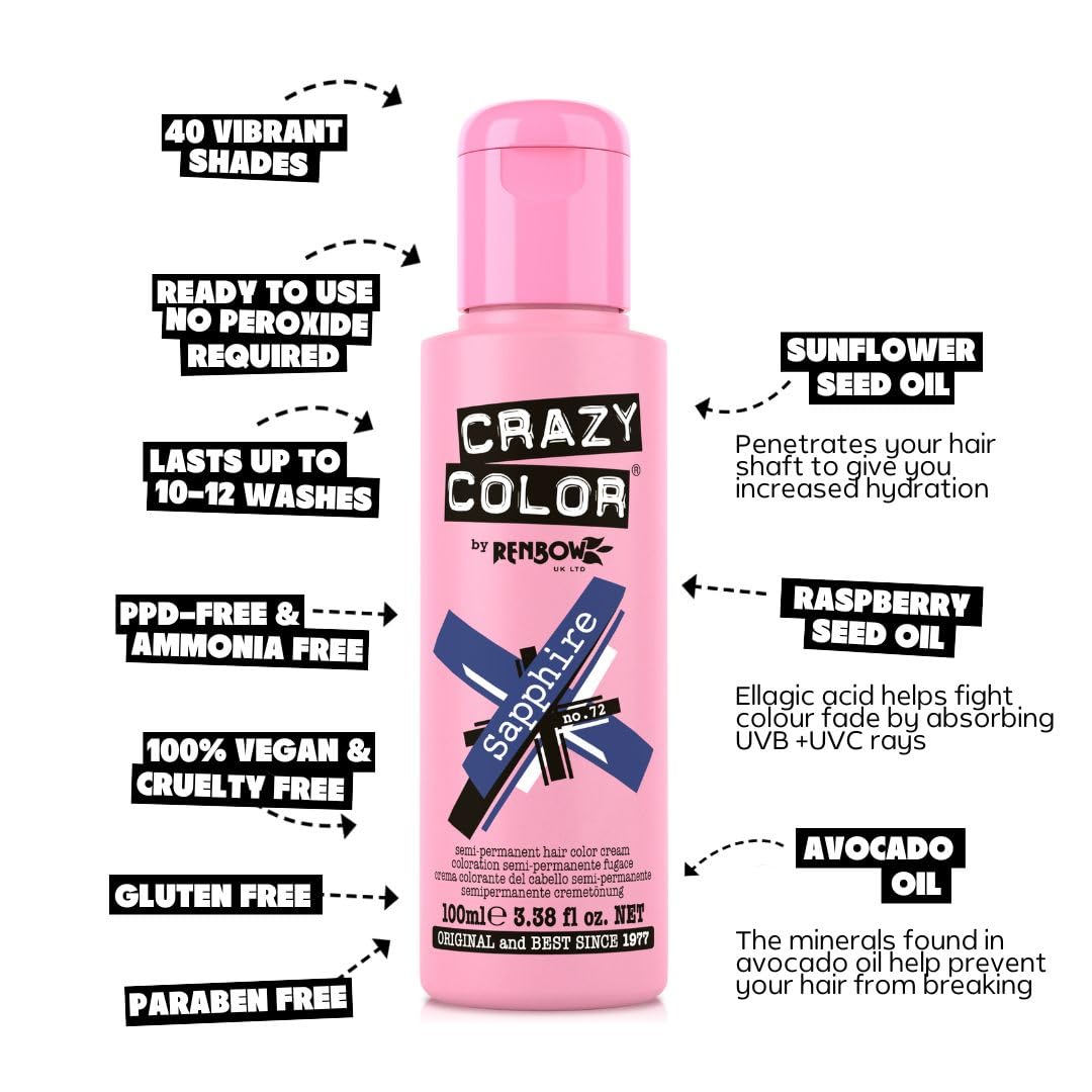 Crazy Color Metallic Sapphire Semi-Permanent Hair Dye. Highly Pigmented Deep Blue Conditioning & Oil Nourishing Vegan Formula | No Bleach or Ammonia | 100ml