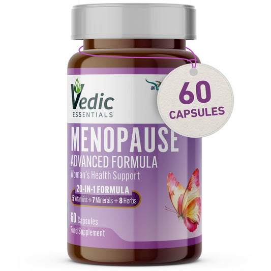 Vedic Essentials Vedic Menopause Supplement | 20 Vitamins, Minerals & Herbs- Red Clover, Sage, Primrose, Flaxseed, Ginseng | Perimenopause, Menopause Support- Hot Flashes Relief, Mood Swings, Fatigue | UK Made, Vegan