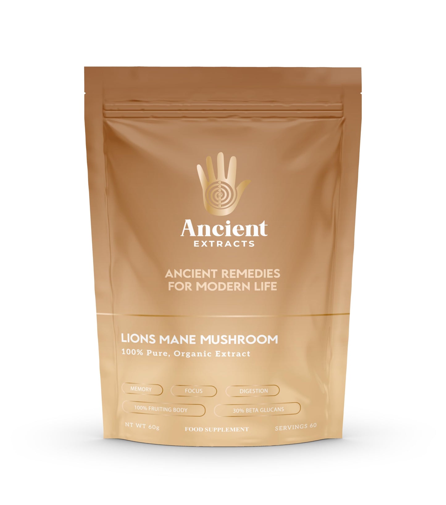 Ancient Extracts Lions Mane Mushroom Extract Powder - 2000mg Servings - GMO Free, Gluten Free, Vegan - Cognitive Function, Focus, Digestive Support - Superfood, Nootropic (60g)