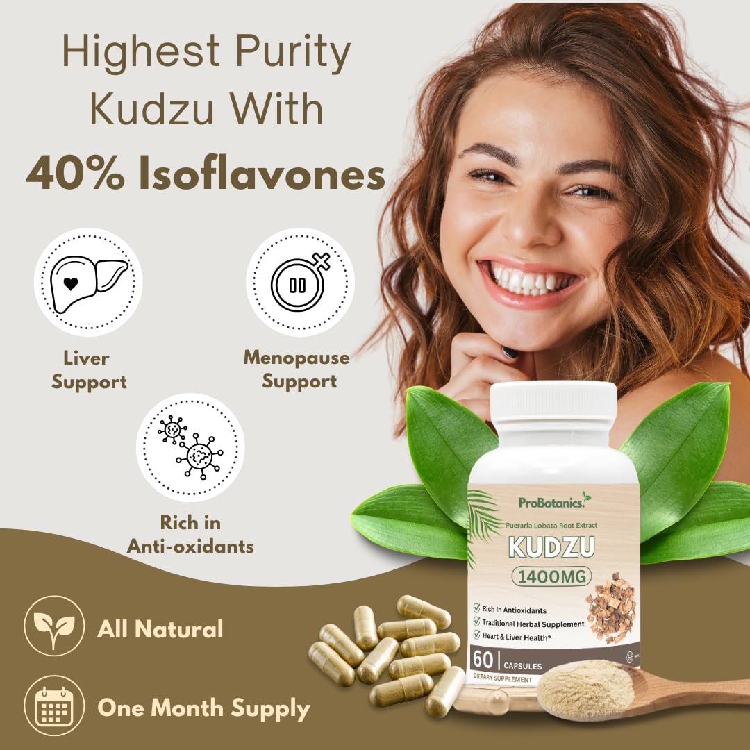 ProBotanics Kudzu Root Capsules 1400mg | High Strength 40% Isoflavones | Alcohol Craving Support, Liver Cleanse Detox, Enhanced Anti-Inflammatory | Organic Natural Health Booster