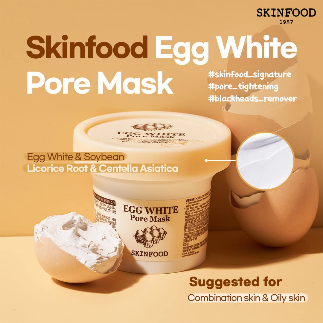 Skinfood SKINFOOD Egg White Pore Mask 3.52 oz. (100g) - Pore Refining Wash off Mask, Tightens Pores, Removes Blackheads and Dead Skin Cells, Skin Smooth and Soft - Exfoliating Skin Mask - Wash Off Face Masks