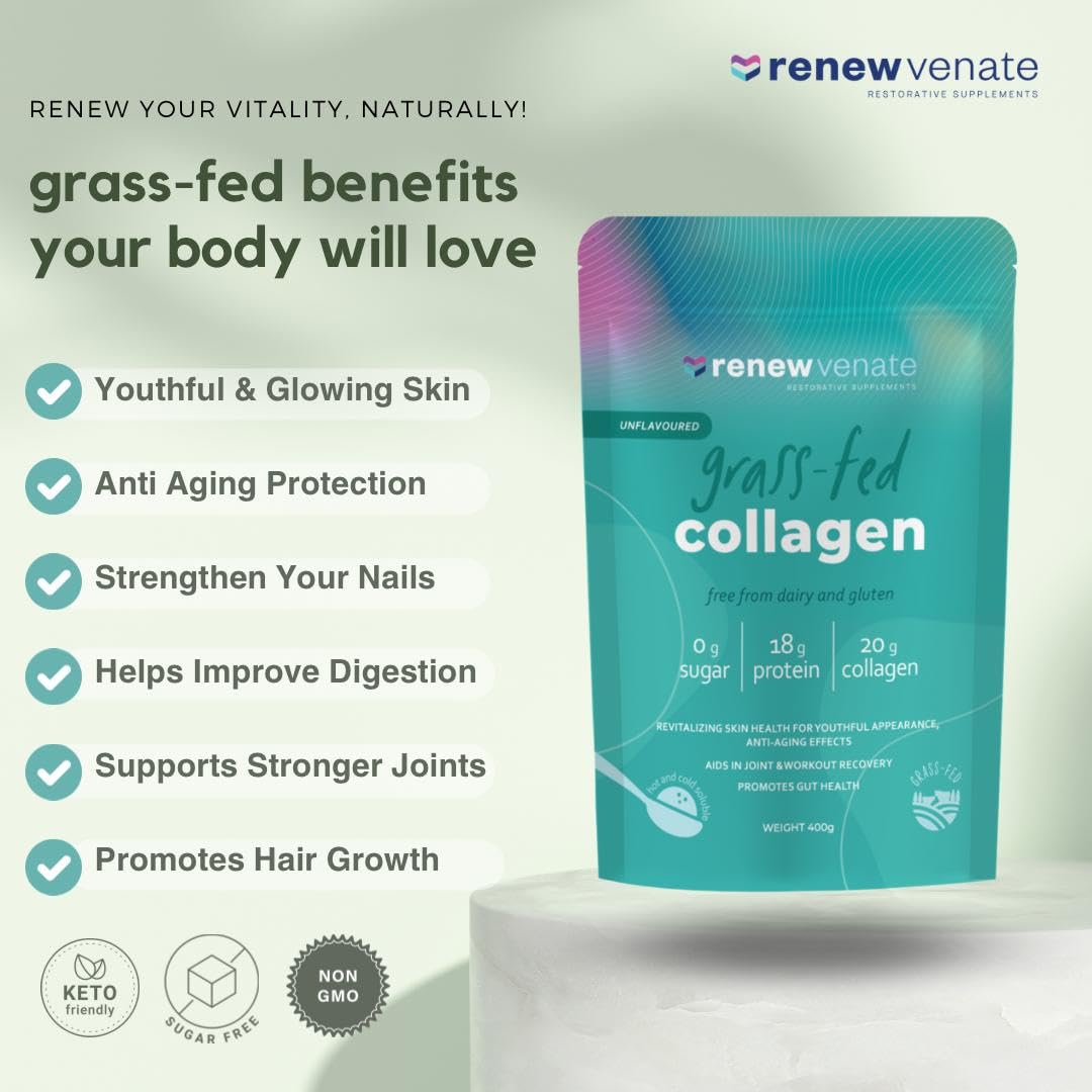 RenewVenate Grassfed Collagen Powder – Premium Hydrolyzed Protein for Hair, Skin, Nails & Joint Support – Non-GMO, Gluten-Free, Keto-Friendly 400g