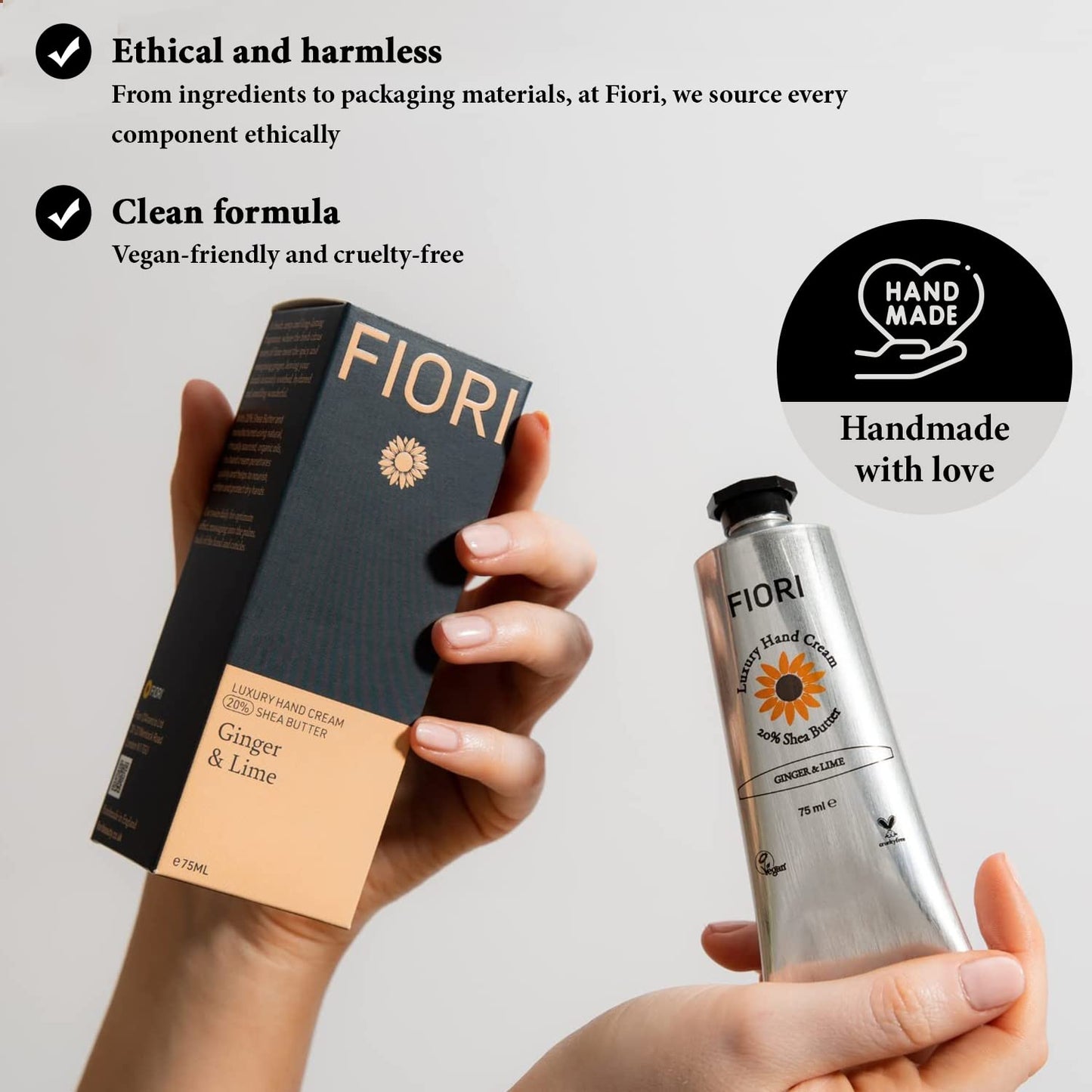 Fiori Ginger & Lime Hand Cream (75ml) - Moisturizing Dry Hand Cream with Organic Shea Butter & Aloe Vera - Vegan Hand Moisturizer - Nourishing Hand Lotion - Luxurious Hand Care