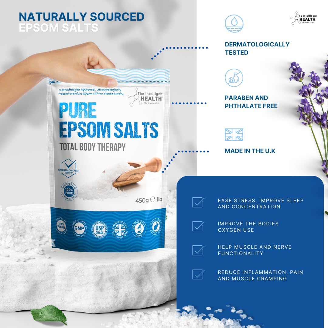 The Intelligent Health Magnesium Sulphate Bath Salts Soak, Muscle Magnesium Epsom Salts for Bathing and Foot Soaking for Women & Men - 450g Resealable Pouch