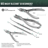 Podiatry Tool Kit by Blizzard – 5 Piece Set with Concave Arrow and Flame Toenail Nippers, Blacks File and Probe - German Forged Instruments - Hospital Grade