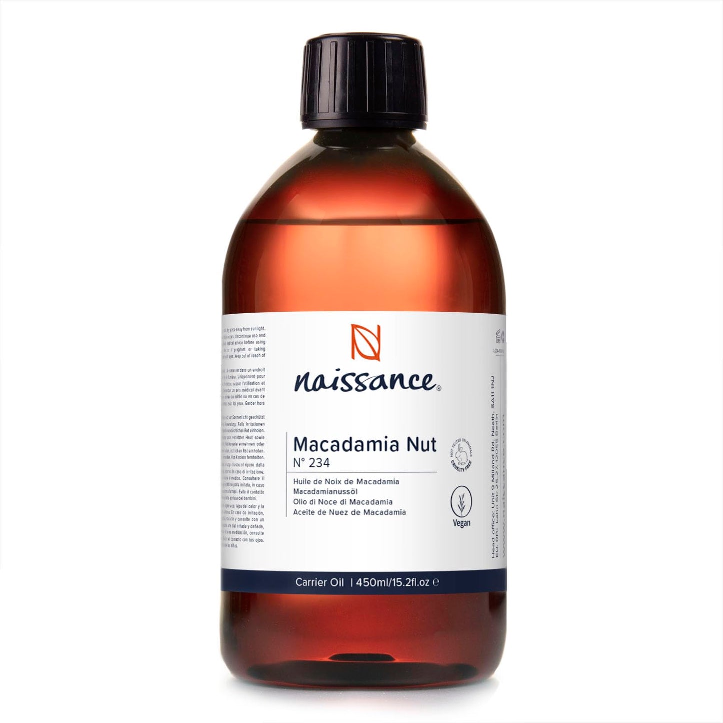 Naissance Macadamia Nut Oil (No. 234) - 450ml - Natural, Refined, Moisturiser - for Hair, Skin, Face, Body, DIY Beauty and Massage Blends