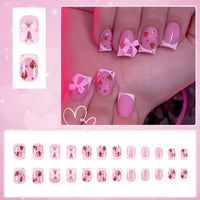 Viugex 24Pcs Short Square False Nails, French White Tip Fake Nails, 3D Pink Bow & Strawberry Design Press on Nails, Acrylic Full Cover Stick on Nail for Women Girls, Natural & Reusable, Easy to Apply