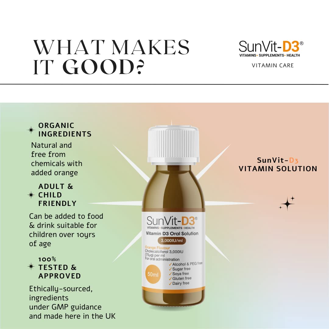 SunVit-D3 Vitamin D3 3000IU Oral Solution - Vitamin D for Kids | Cholecalciferol Vitamin D Drops Baby | Supports Bone, Teeth, Muscle & Immune System | Vitamin D Drops for Kids (50ml Orange Flavor)
