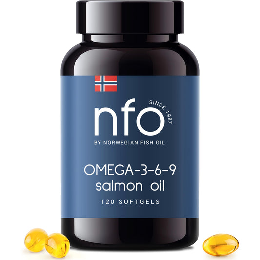 NFO Omega 3 6 9 Salmon Oil [120 Capsules] Made in Norway High-dose Salmon Oil with high DPA, EPA, DHA Concentration in The Form of triglycerides A Natural Complex with Fish Oil from Fresh Wild Fish
