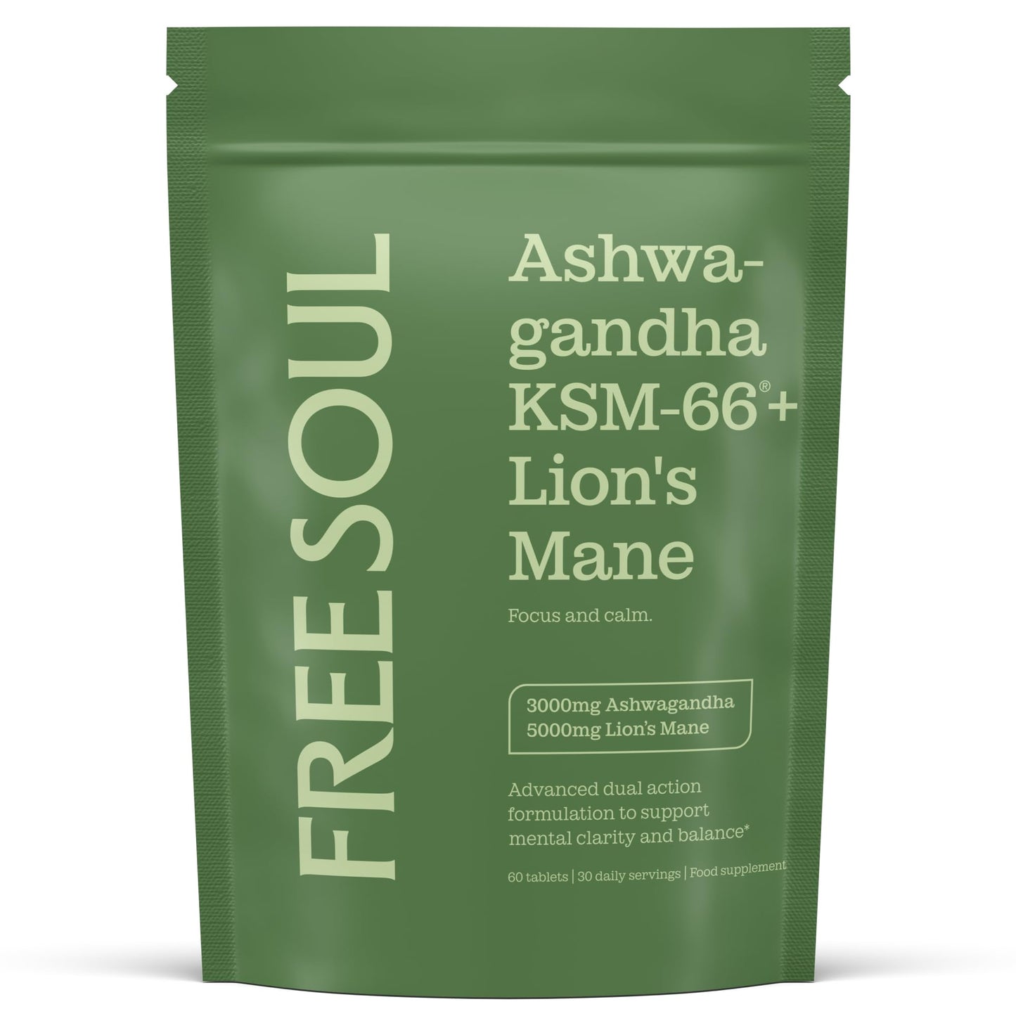 Ashwagandha KSM 66 + Lions Mane Complex | 3000mg Ashwagandha High Strength + 5000mg Lions Mane Tablets | Added Zinc + Vitamin B6 | Vegan UK Made | Free Soul