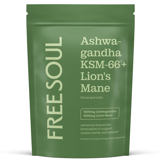 Ashwagandha KSM 66 + Lions Mane Complex | 3000mg Ashwagandha High Strength + 5000mg Lions Mane Tablets | Added Zinc + Vitamin B6 | Vegan UK Made | Free Soul