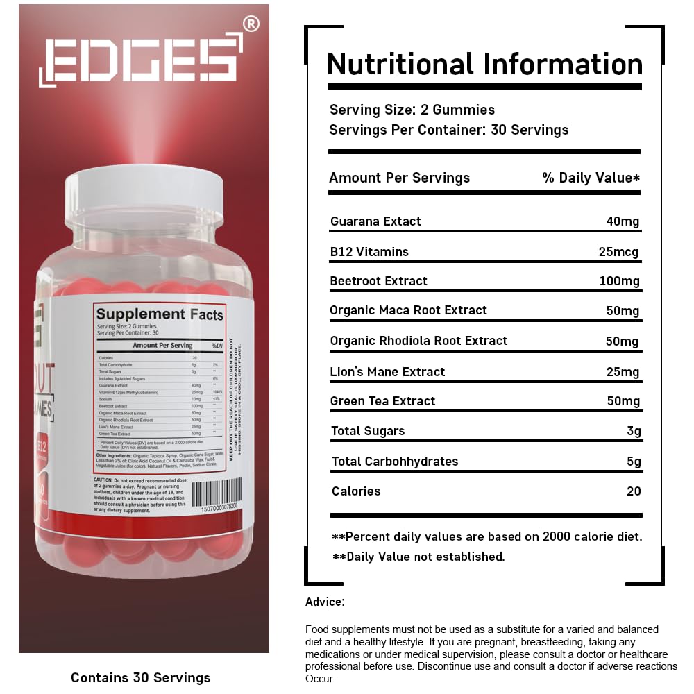 Edges Pre-Workout Gummies 60 Guarana Gummies for Men & Women - Guarana Energy Gummies - Strawberry Flavoured Pre-Workout - Gym Supplement - with B12 Vitamins, Lion's Main and Maca Root