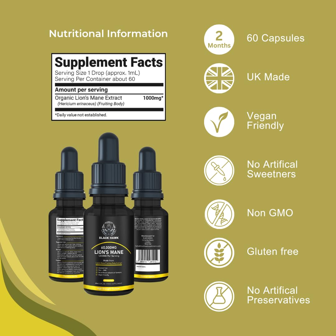 Lions Mane Supplement Liquid 1000mg - 60 Vegan Servings High Strength Lions Mane Mushroom Fruiting Body Extract - 2 Months Supply - Nootropic - Made in The UK by BLACK HAWK