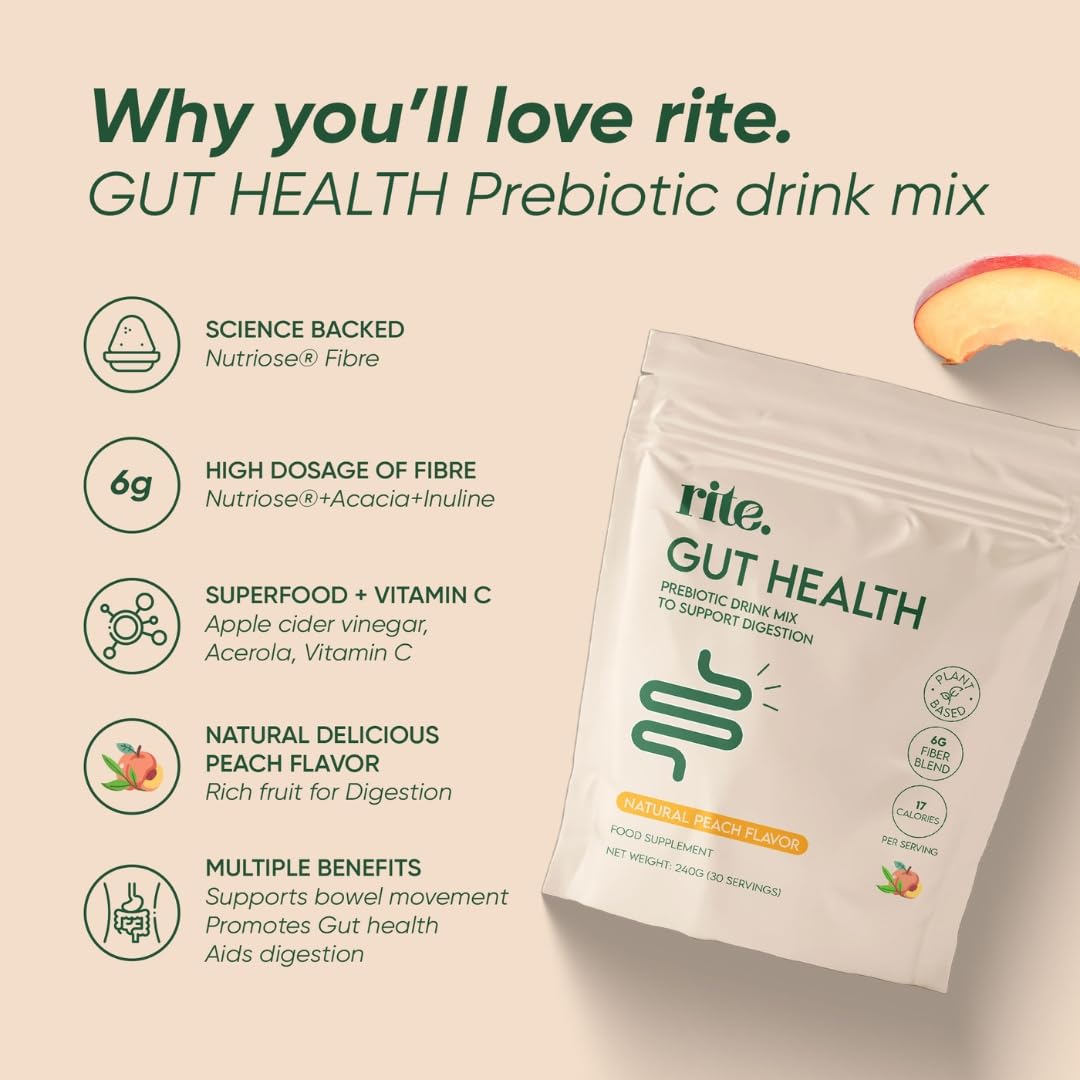 Rite Gut Health Prebiotic Powder, High Fibre, Soluble Fibre Powder, Digestive Health, Vegan, Peach Flavour (30 Servings, 1 Month)