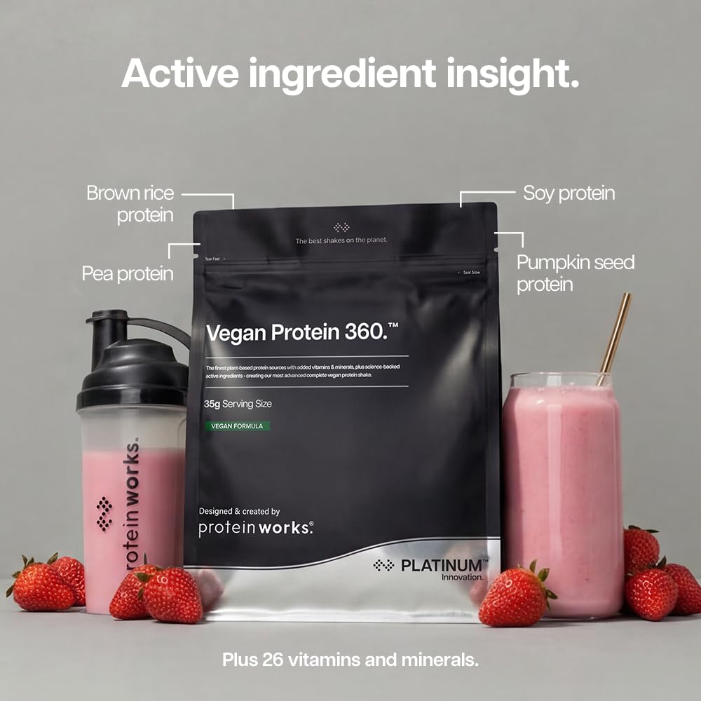 Protein Works | Vegan Protein 360 - Platinum Innovation, Premium Vegan Protein Powder, Plant-Based Protein Shake, Essential Vitamins & Minerals, Low Sugar, Banana Smooth, 14 Servings, 500g