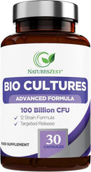 Natures Zest Bio Cultures Complex Probiotics & Prebiotics 100 Billion CFU for Gut Health - 30 Vegan Capsules Multi Strain Lactobacillus Plantarum, Acidophilus & Saccharomyces Boulardii for Men & Women, UK Made