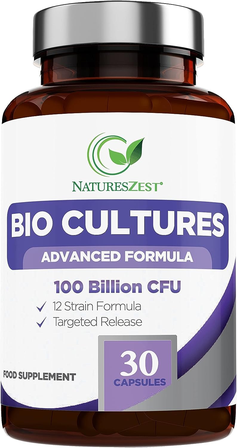 Natures Zest Bio Cultures Complex Probiotics & Prebiotics 100 Billion CFU for Gut Health - 30 Vegan Capsules Multi Strain Lactobacillus Plantarum, Acidophilus & Saccharomyces Boulardii for Men & Women, UK Made