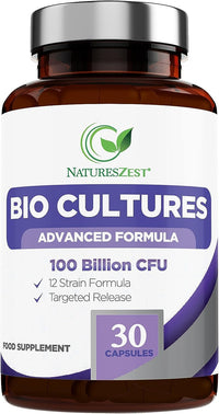 Natures Zest Bio Cultures Complex Probiotics & Prebiotics 100 Billion CFU for Gut Health - 30 Vegan Capsules Multi Strain Lactobacillus Plantarum, Acidophilus & Saccharomyces Boulardii for Men & Women, UK Made
